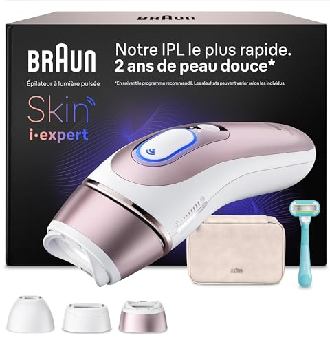 Braun Epilateur Lumiere Pulsee Intelligent Skin i·expert PL7311, Blanc et Bronze – Alternative au Laser à Domicile, Filaire, avec Pochette, Rasoir Gillette Venus, 3 Têtes, Connecté à L’Application