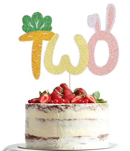 Dxsdgetue Bunny Two Cake Topper,Easter Bunny carrot Cake Topper，Boys and Girls 2nd Birthday Party Decorations