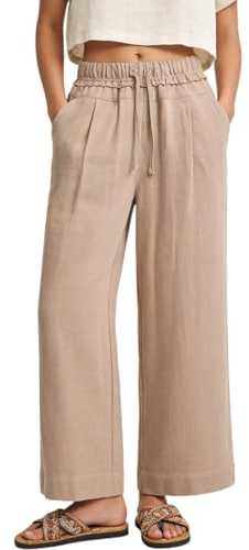 Rolanko Girls Linen Trousers, Elastic Waist Wide Leg Palazzo Lounge Beach Flowy Pants with Pockets, Khaki, 150, 10-11 Years