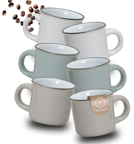 Espresso-Tassen 6er Set Email-Optik - dickwandige 50 ml Steingut Mokka Henkel Kaffee-Tassen