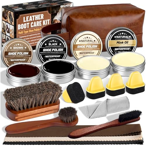Endhokn Kit de cuidado de zapatos, 18 piezas, kit de cuidado y pulido de botas de cuero, aceite de visón, esmalte de zapatos neutro/negro/marrón, cepillos de crin, paño de pulido, productos de cuidado