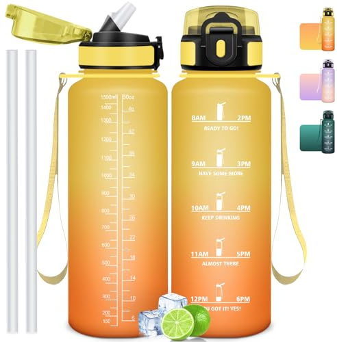 Mulbijeo Gourde Paille, Gourde 1500 ml, sans BPA & Étanches, Bouteille, Motivation Bouteille d'eau Ambre et Orange