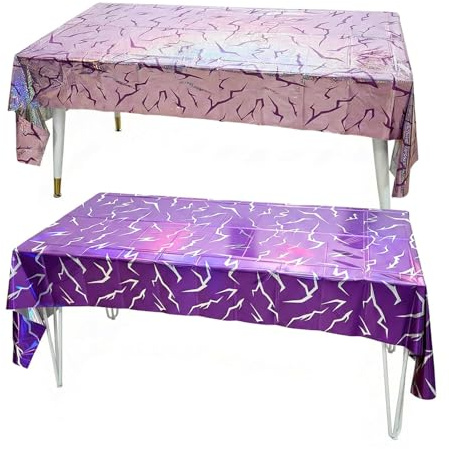 Pack 2 Manteles Cumpleaños 137x274 cm, Mantel Desechable Plástico Rectangular para Mesa de Fiesta, Mantel Lila Holográfico con Motivo Abstracto, Decoración Cumpleaños, Fiestas, Eventos y Reuniones