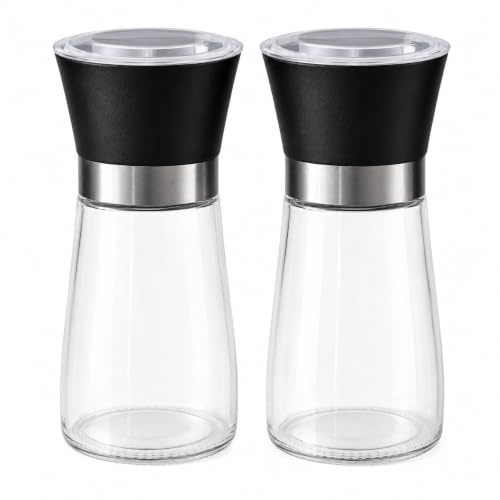 Manual Ceramic Burr Spice Grinder – Adjustable Hand Grinder for Salt, Pepper, Herbs & Seasonings – Stainless Steel & Glass Refillable Mill – Easy to Use Kitchen Grinder (2 Pack)