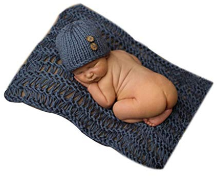 Neugeborenes Baby Mädchen Junge Häkelstrick Kostüm Foto Fotografie Prop Hüte Outfits (5), Blauer Wickel und Hut, One Size