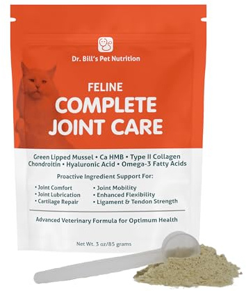 Dr. Bill’s Feline Complete Joint Care | Advanced Hip & Joint Supplement for Cats | Green Lipped Mussel Extract, Collagen Type II, Chondroitin, Hyaluronic Acid, Omega 3 and Colostrum | Powder, 85g