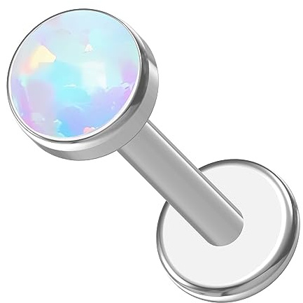 NewkeepsR 1.2mm G23 Titanio Roscado internamente Blanco plano Opal sintético Bola superior Labret Labio Monroe Tragus Helix Earring Stud