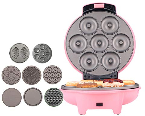Waffle Maker Doughnut Maker & Snack Maker Brownie with Removable Non-Stick Plates, 8 Sets of Baking Trays, Adjustable Temperature - Most Desserts,Red