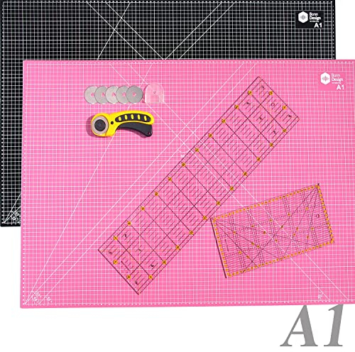 45 mm Rollschneider Set inkl. Schneideunterlage A1 90x60cm 5-Lagig + 5x Ersatzklingen + 2x Patchwork-Lineal Premium Stoffschneider selbstheilend Schneidematte im A1-Format Rosa/Schwarz Starter Set