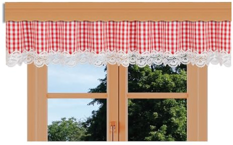 kollektion MT Querbehang Hannah mit Vogtländischer Spitze – hochwertige Landhaus-Gardine rot-weiß kariert | rustikaler Baumwollstoff Blickdicht | Volant mit Reihband Höhe x Breite 30 x 150 cm