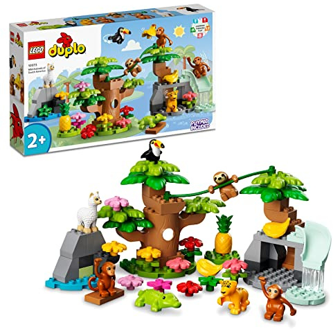 LEGO 10973 DUPLO Wilde Tiere Südamerikas Spielzeug-Set mit 7 Tierfiguren, Steine und Dschungel-Spielmatte, Lernspielzeug ab 2 Jahre