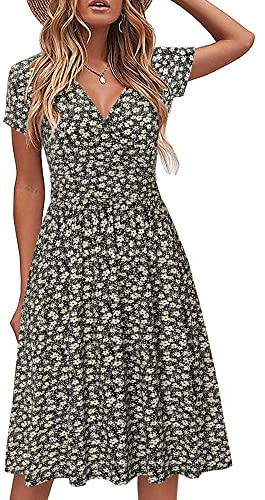 STYLEWORD Damen Sommerkleid Kurzarm V-Ausschnitt Kleider Blumenmuster Kleid Wickelkleid Mit Taschen