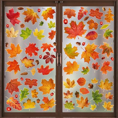 Fensterbilder Deko,6 Bögen Thanksgiving Frühling Fensteraufkleber | Herbst Fenster Deko Fensterdeko Fensterbild Herbst Blätter Aufkleber Ahornblätter für Kinderzimmer Dekoration