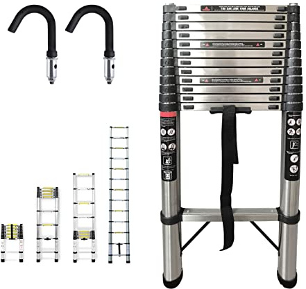 5M Edelstahl-Teleskopleiter mit abnehmbaren Haken für Haus, Gewerbe, Innen, Außen, zusammengeklappt 101cm, höhenverstellbar, 150kgLast, Klappleiter EN131