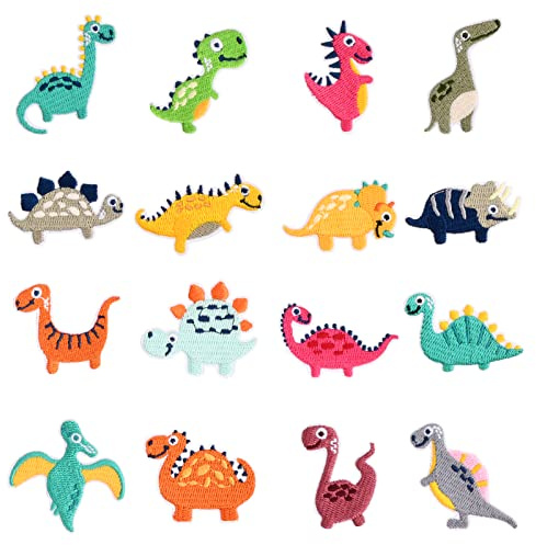 16 stycken stryklappar dinosaurier barnjeans lappar att stryka på dinosaurier lappar för strykning eller sömnad på, strykbilder dinosaurier för reparation t-shirt, jeans, klädväskor, mössor