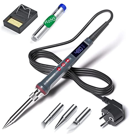 HANDSKIT Soldador Eléctrico 200W con Control de Temperatura Ajustable (180°C-480°C), Pantalla LED, Calentamiento Rápido, Kit Completo con Puntas, Estaño y Mini Soporte, Ideal para Electrónica y DIY