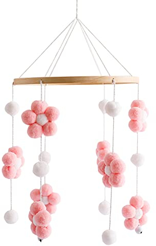 Mobile Baby Windspiele Blumen Windspiel Mobile Baby Holz mit Filzbällen 3D Blumen Mobile Baby Mädchen Bettglocke Anhänger für Babybett Jungen und Mädchen Kinderbett Deko