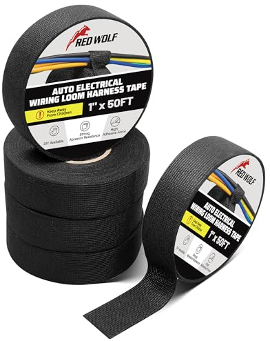 RED WOLF Wire Harness Tape 1 Inch 50 FT High Temp Wiring Loom Harness Self-Adhesive Felt Cloth Electrical Tape for Automotive Engine Electrical No Residue Fabric Insulated Black 5 Rolls
