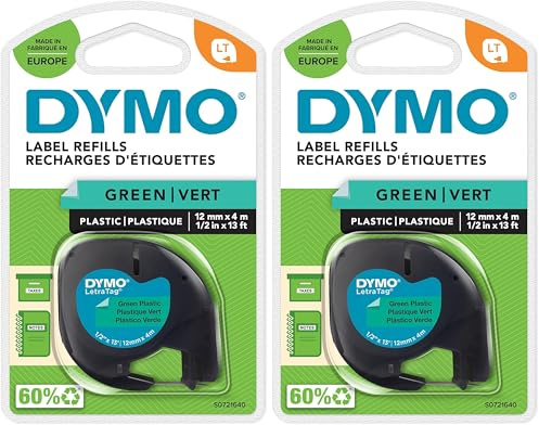 DYMO Original LetraTag Etikettenband | schwarz auf grün | 12 mm x 4 m | selbstklebendes Kunststoffetiketten | für LetraTag-Beschriftungsgerät (Packung mit 2)