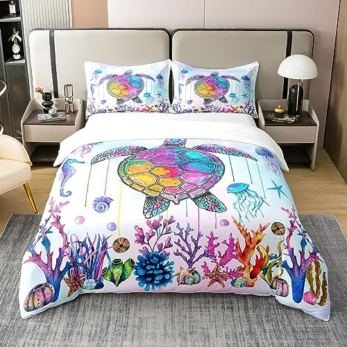 Seeschildkröte 100% Baumwolle Bettbezug 155x220,Graffiti Schildkröte Bettwäsche Set für Kinder,Regenbogen Ombre Quallen Korallen Komfortbezug,Aquarell Küste Bett Sets mit 1 Kissenbezug Atmungsaktiv
