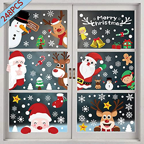 248 Stück Fensterbilder Weihnachten, Schneeflocken Fensterdeko Weihnachtsmann Selbstklebend Fensterbilder für Weihnachts, Fensterfolie Winter pvc aufkleber Fenster Weihnachts deko (Weihnachten A)