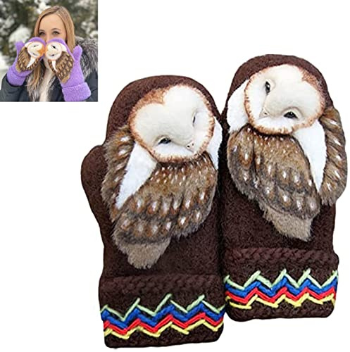 LOVEWLVNCL Handgestrickte nordische Fäustlinge mit Eulen – handgewebte nordische Eulen-Handschuhe aus Wolle, niedliche Winter-warm gefütterte, gemütliche Strick-Fäustlinge for Frauen (Color : #E)