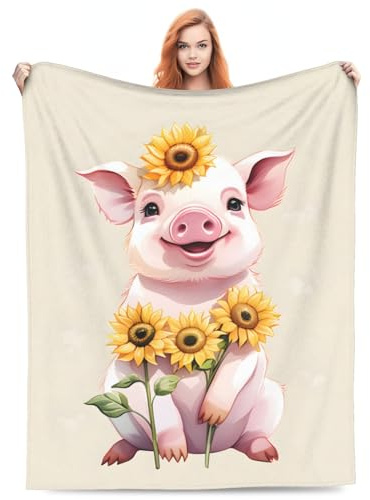 amepay Coperta in flanella con maialino e girasole, idea regalo per adulti e bambini, motivo maialino in stile cartone animato, morbida, comoda, leggera, per decorare la casa, divano, letto, 203 x 152