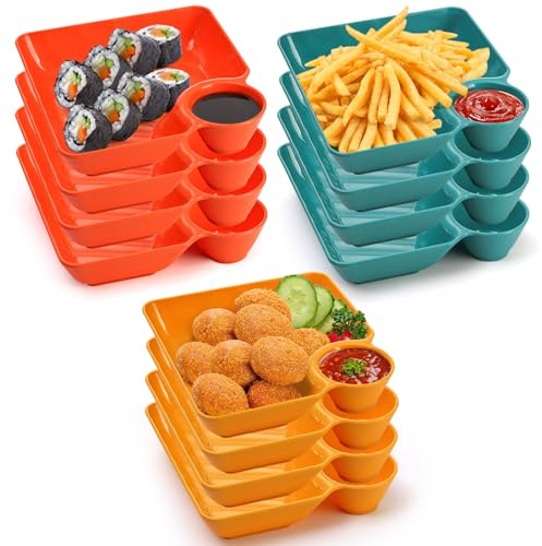 Lawei 12pcs Chip Dip Serving Platter Set, Plastic Dumpling Plates with Sauce Compartment, Square Serving Dish Sushi Plates, Small Dip Tray for Appetizer, Taco Salsa, Fruit, Charcuterie