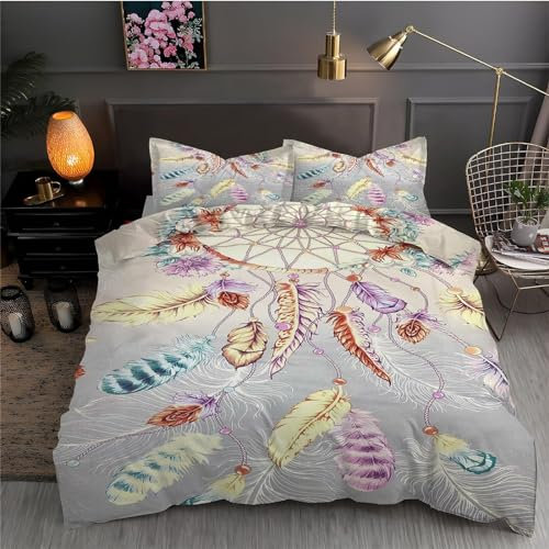 Bettwäsche 200x200 Feder-TraumfäNger Bettwäsche Set 3D Bedruckte Bettbezug Set mit ReißVerschluss, Weich Flauschige Hypoallergen Bettbezug + 2 Kissenbezug