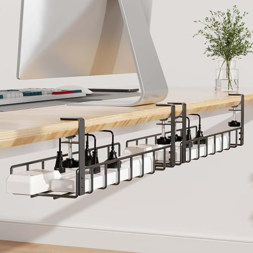 Xpatee 2 Pack Cable Management Under Desk Tray, 31.4 No Drill Under Desk Wire Management with Upgraded Clamp, Metal Cord Organizers for Desk with Cable Organizers, PC Cable Management Rack, Black