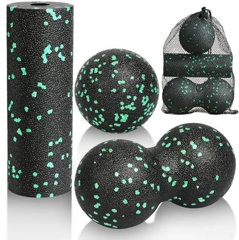 LOPHE 3 Pcs Massage Ball Set, Muscle Massage Foam Roller, Peanut Ball Massage The Fascia, Double Lacrosse Ball, Self Massage Ball with Storage Bag, Relieve Body and Foot Muscle Tension (Green)