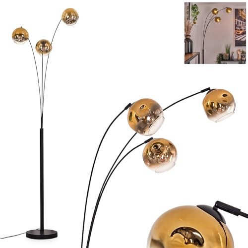 Stehleuchte Ripoll, Stehlampe aus Metall/Glas in Schwarz/Goldfarben/Klar, Leuchte im modernen Retro/Vintage-Design mit Schirmen aus Glas (Ø 15cm) u. Fußschalter, Höhe 210cm, 3 x E14, ohne Leuchtmittel