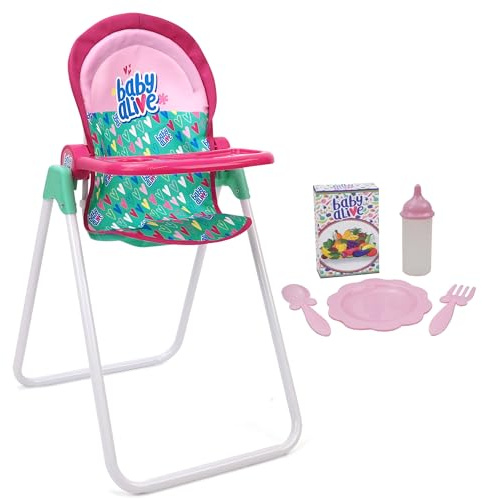 Baby Alive: Puppen-Hochstuhl-Set, Grün, Rosa, Herzen, für Puppen bis 61 cm, 5 passende Fütterungszubehör, drehbarer Sitz, faltbar, Kinderspielzeug ab 3 Jahren