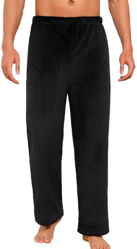 ENJOYNIGHT Schlafanzughose Herren Lang Fleece Pyjamahose Plüsch Freizeithose Warm Haushose mit Kordelzug (X-Large,Schwarz)