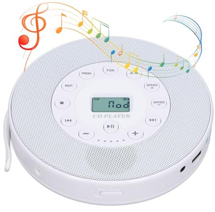 Tragbarer CD-Player mit Lautsprecher, Wiederaufladbarer Anti-Skip-Bluetooth-CD-Player, Integriertes Mikrofon für Heimauto, Unterstützt auf USB-Flash-Disk (White)