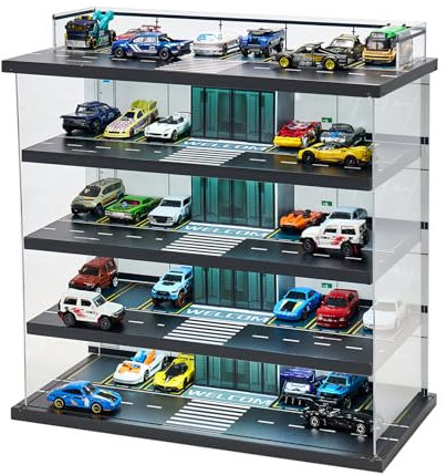 Display Case Compatible with Hot Wheels Garage & Matchbox Cars with LED Light 1/64 Scale Diecast Toy Cars Storage Case 5 Level Holds Max 75 Cars Storage Case for Hot Wheels Garage Gifts for Collector