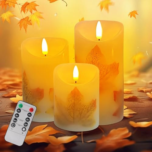 Xevinas LED Kerzen Mit Timerfunktion, Herbst Ahornblatt Led Kerzen, Flammenlose Kerzen Mit Fernbedienung, 3 Verschiedene Größen Weihnachtskerzen Led Kabellos Für Camping, Hochzeiten, Geschenke (B)