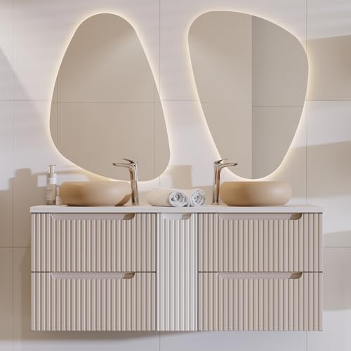 Lomadox Badezimmer Waschplatz Badmöbel Set 3-teilig mit 140cm Doppelwaschtisch, Kaschmir und weiß, gerillte Front | inkl. LED-Spiegel