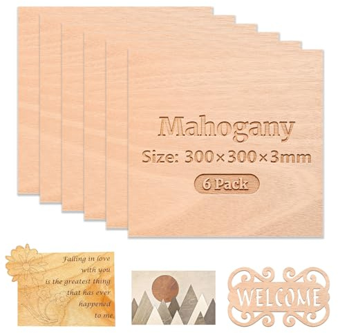 Uadme Compensato 3mm, 6 Pezzi 300 x 300 x 3 mm Fogli di Legno Sottili, Pannelli In Legno Compensato, per Bricolage, Pirografia, Laser Incisione, Legno da Decorare (Legno di Mogano)