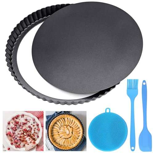 WHENZOO Quiche Pan, 24cm/9 in Carbon Steel Loose Bottom Pie Tin, Fluted Tart Tin, Flan Case Tin with 3 Silicone Tools Removable Non-Stick Coating, Baking Tart Pan for Tarts Mousse Cake Pie Quiche