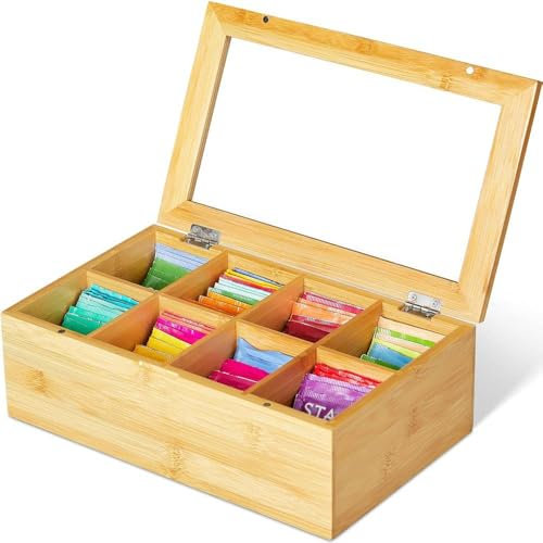 Bamboo Teabag Organiser Storage | 8 Compartments and Transparent Lid | Caddy for Tea Bags, Coffee Sachets, Sugar Sachets | Wooden Tea Box Organiser for Home Office or Cafe | Organizer Box