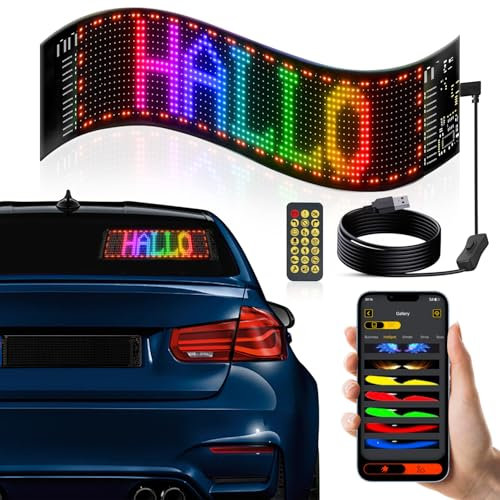 BokiHuk Scritta LED Scorrevole Programmabile, 34,8x10,2 cm Pannello LED Flessibile con App e Telecomando, Cartello RGB con Occhi per Auto, Camion, Bar, Negozi, DIY, Decorazione per Feste