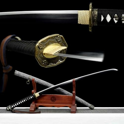104cm handgefertigtes Samurai-Schwert,Federstahl klinge mit Schwärzungsprozess,mit PU-Leder überzogene Massivholz scheide,echtes Katana-Schwert für Kendo-Training,Fitness,Selbstverteidigung,Schenken