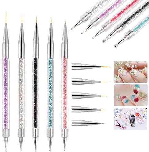 5 Pack Nail Art Brushes Nail Dotting Tools Set | Double-Ended Fine Liner Nail Art Brush for DIY Manicure & Professional Precision Nail Art Design