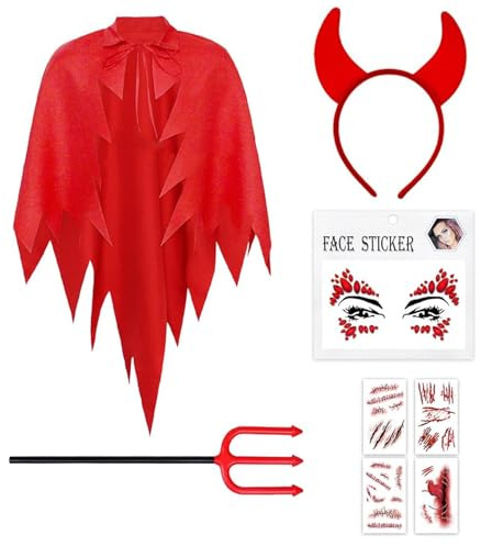 MFCGHXR Costume Diavolo Donna Completo con Mantello Rosso, Corna, forcone e Tatuaggi – Set per Carnevale e Halloween, Taglia Unica