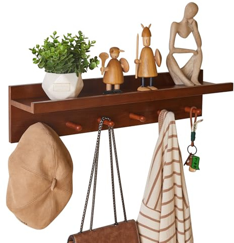 Aibiju Wandgarderobe mit Ablage, 60 cm Holz-Wandhaken mit Aufbewahrung, schwebende Regale, Schlüsselhalter für Eingangsbereich, Badezimmer, Küche, Walnussfarbe YD-WS0260H