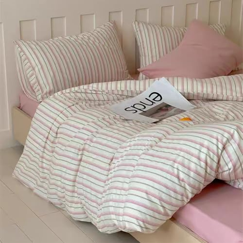 AShanlan Ropa de cama a rayas 135x200 Rosa Blanco 2 piezas Microfibra Funda nórdica con funda de almohada 80x80 cm y cremallera