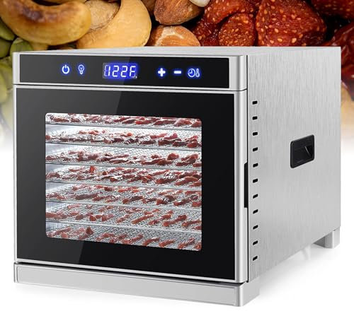 Stainless Steel Food Dehydrator, 8Tier Food Dryer Machine, Adjustable Digital Temperature 35-75°C, 24 Hour Timer, LED Display & Visible Tempered Glass Door, for Fruit, Veg, Meat & More A