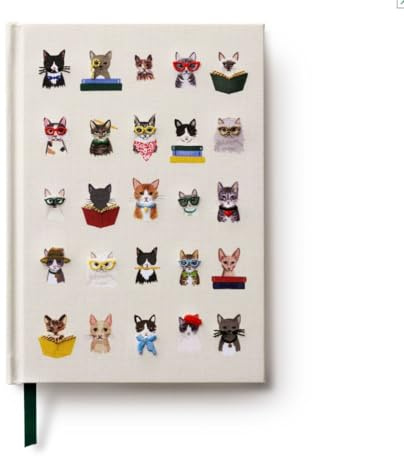 RIFLE PAPER CO. Studious Cats Embroidered Journal 240 Lined Pages, 8 L x 5.75 W, Cloth Cover with Metallic Thread Embroidery, Includes Grosgrain Ribbon Bookmark