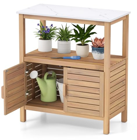 COSTWAY Table de Rempotage Extérieure, Banc de Travail de Jardin en Bois d'Acacia avec Plateau en Résine, Étagère de Rangement Armoire à Portes à Persiennes pour Jardin Patio, Naturel